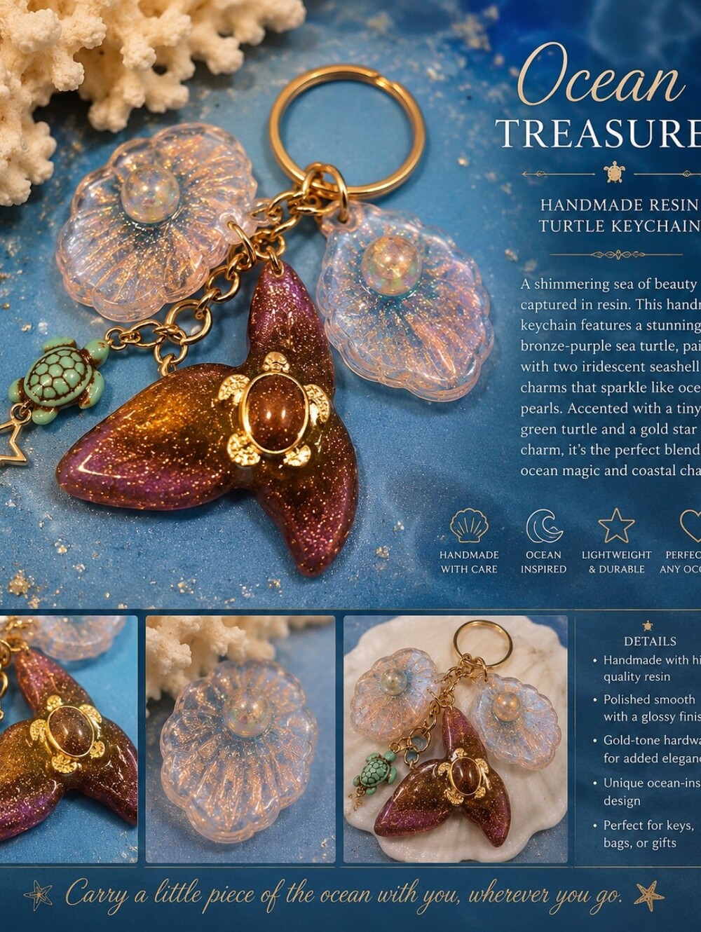Resin Mermaid Tail Keychain - Purple & Gold